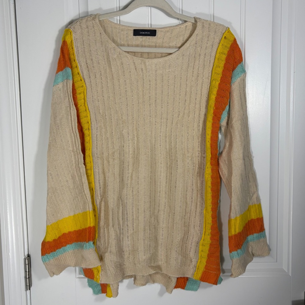 Dokotoo Womens Striped Open Knit Sweater Beige Orange Yellow Teal Size M